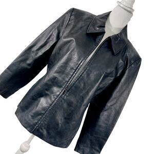WORTHINGTON! SLEEK BLACK GENUINE LEATHER HIDDEN FRONT POCKET JACKET COAT! SZ PXL